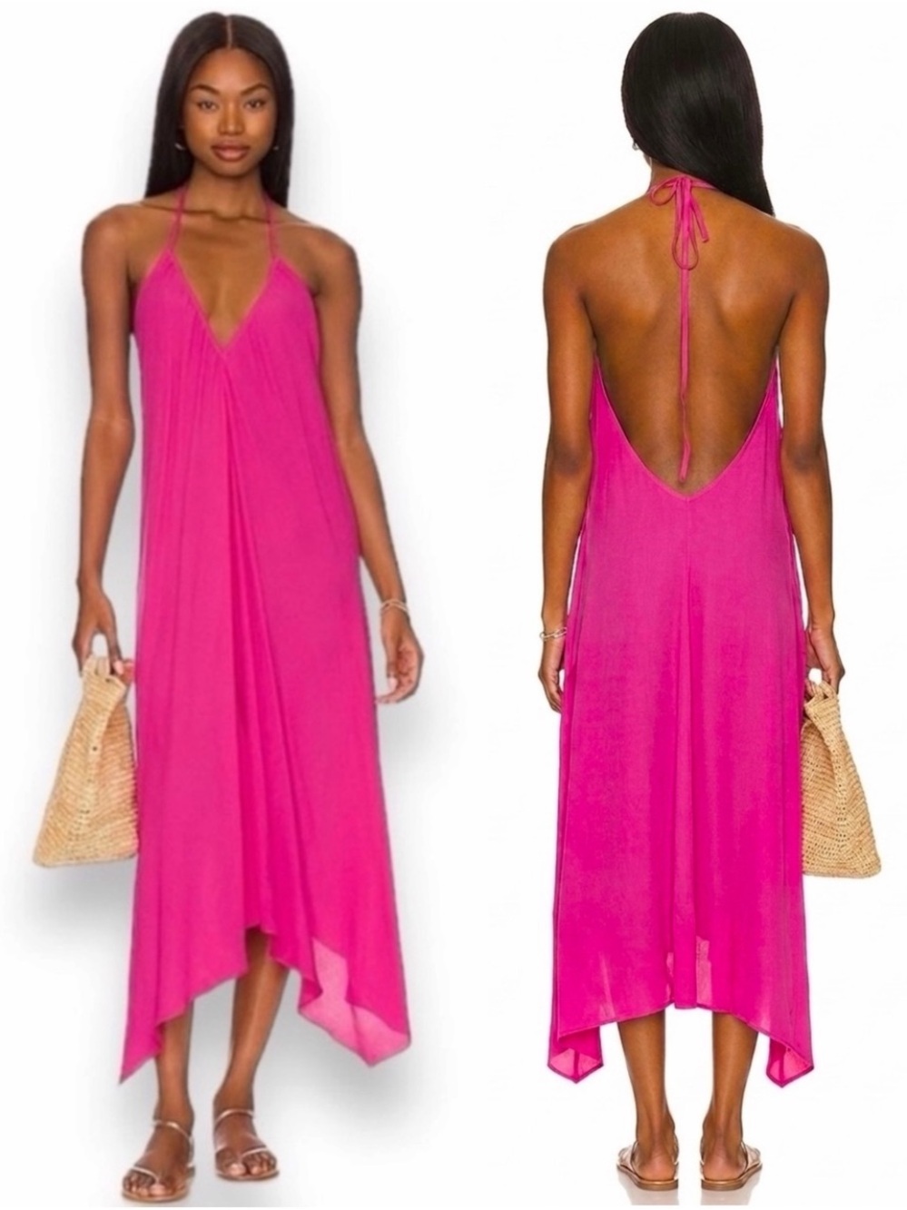 NWT bobi BLACK Luxe Crepe Low Back Halter Dress Fuschia Pink Revolve Medium